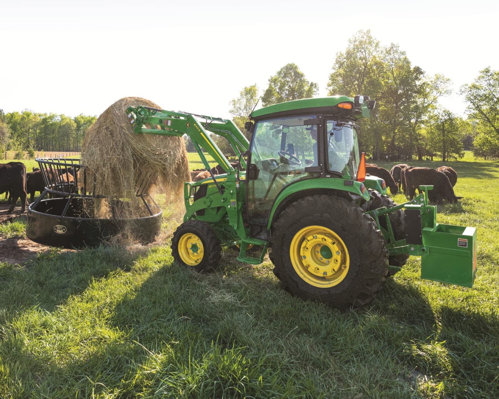 A John Deere tractor with a bale spear attachments lifts a hay bale into a cattle feeding ring.
