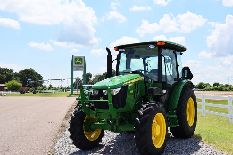 A John Deere compact tractor sits at a Tennessee Tractor dealership.