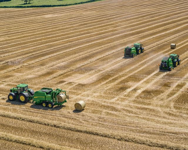 TNTR hay 2 A wide shot of a hay field with John Deere equipment prepping to bale the hay.